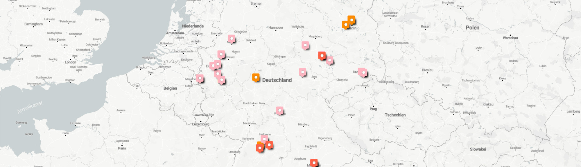 Eine Deutschlandkarte mit markierten Orten.